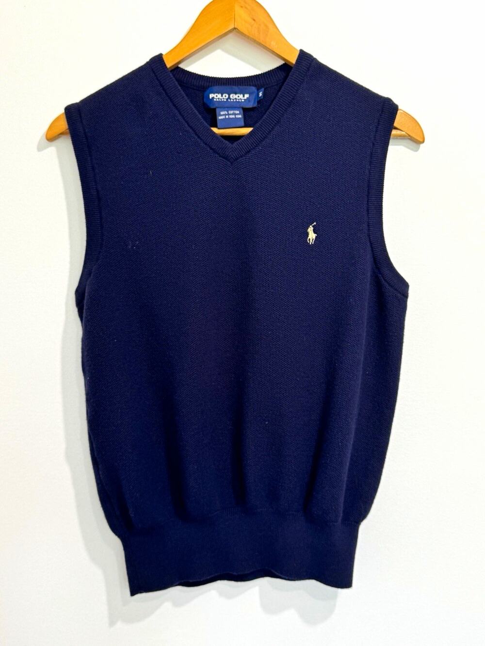 Polo Golf Ralph Lauren Navy Knit V-Neck Sweater Vest Solid Logo S #1074